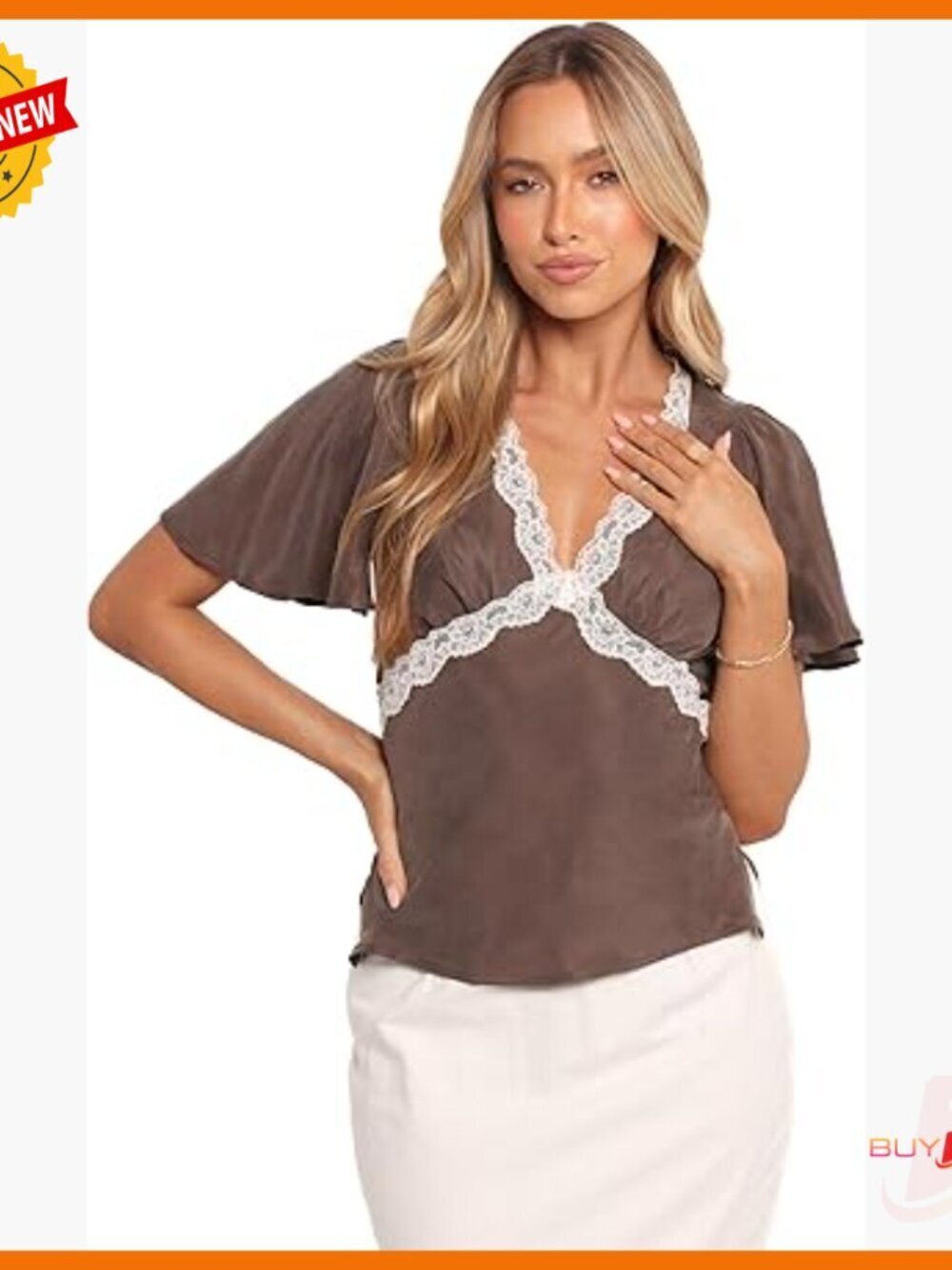 Short Sleeve Blouse with Lace Detail, Cupro Viscose Fabric, Regular Fit Top
